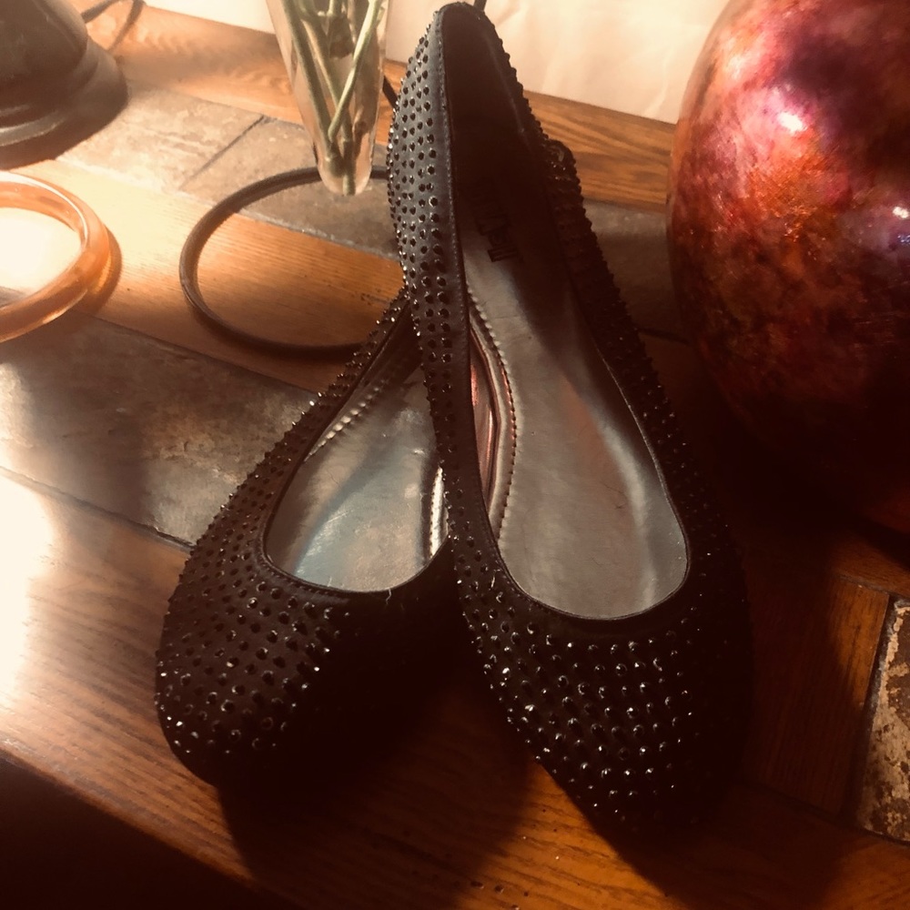 INDY BRAND RASH BLACK SATIN STUDDED FLATS